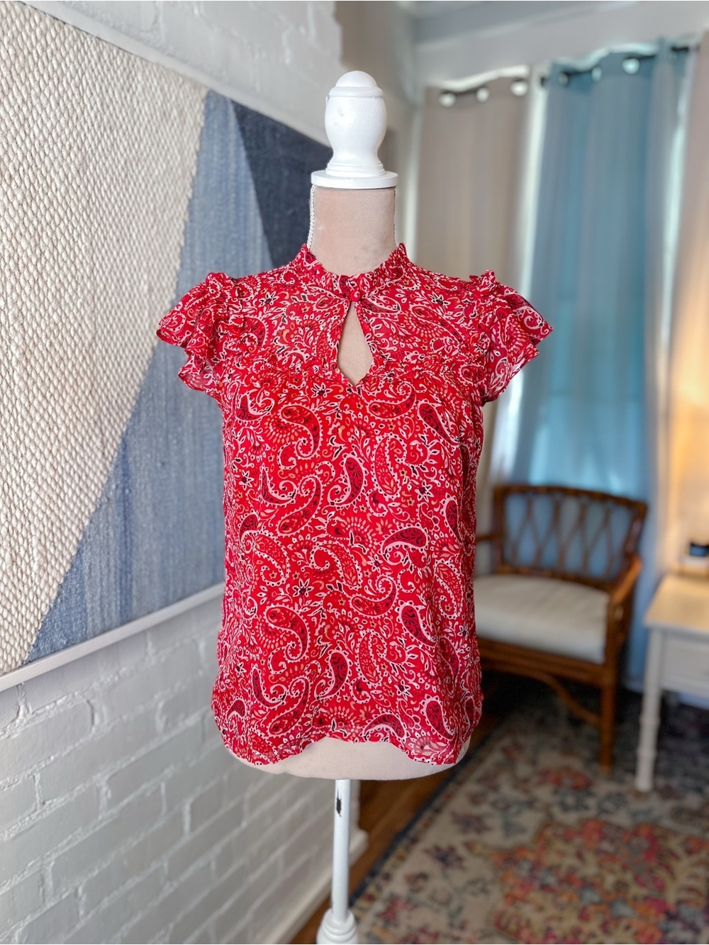 LOFT Red Paisley Keyhole Ruffle Sleeve Blouse